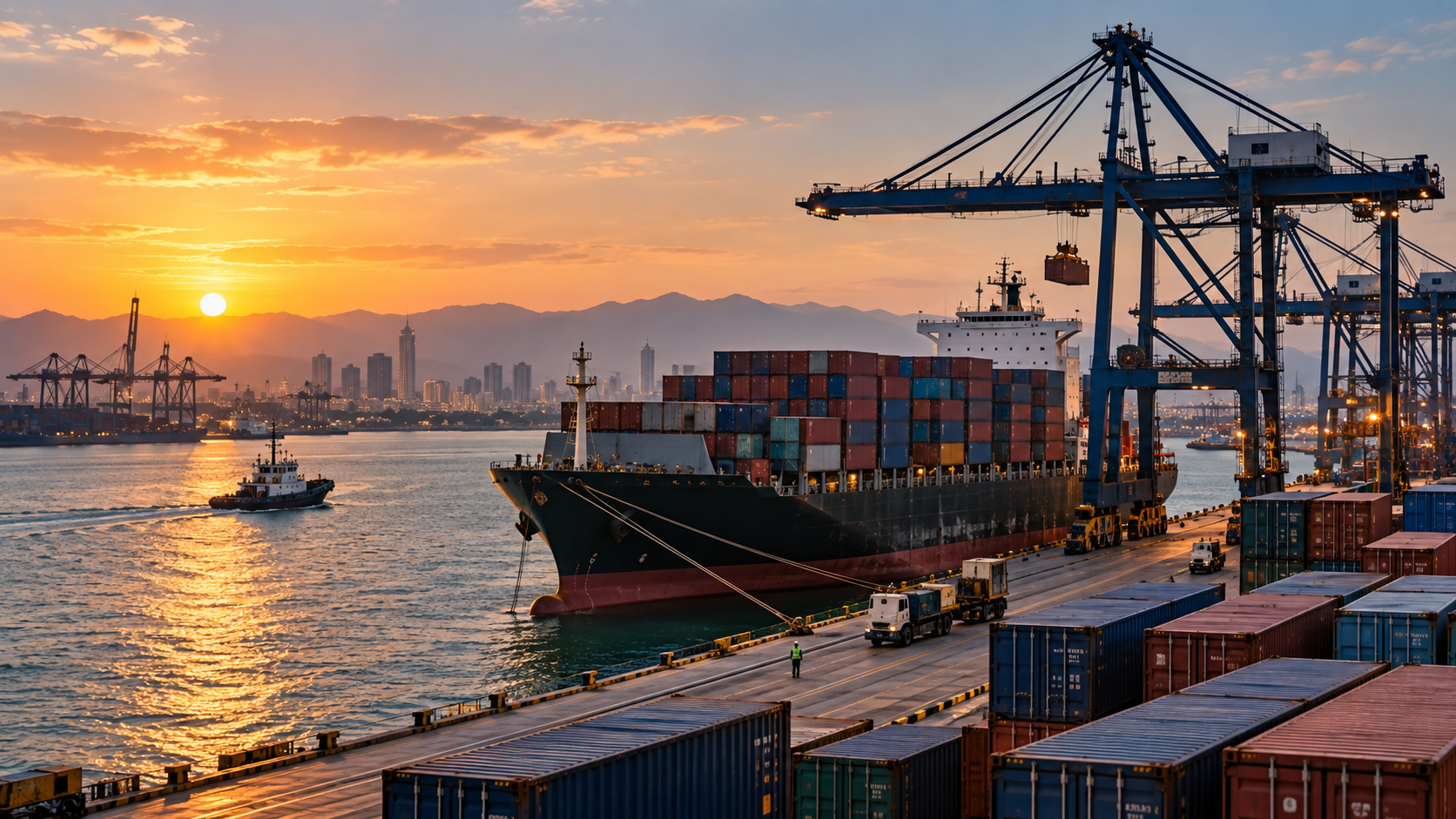 Container ship and cargo terminal representing Pakistan's export trade.