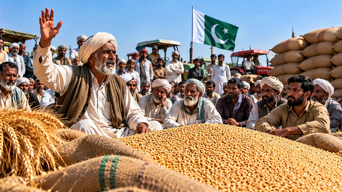 Editorial illustration of farmers demand 5000 wheat support price.