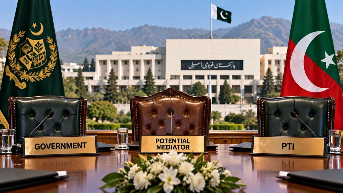 Illustration of empty government, mediator and PTI chairs representing possible talks.