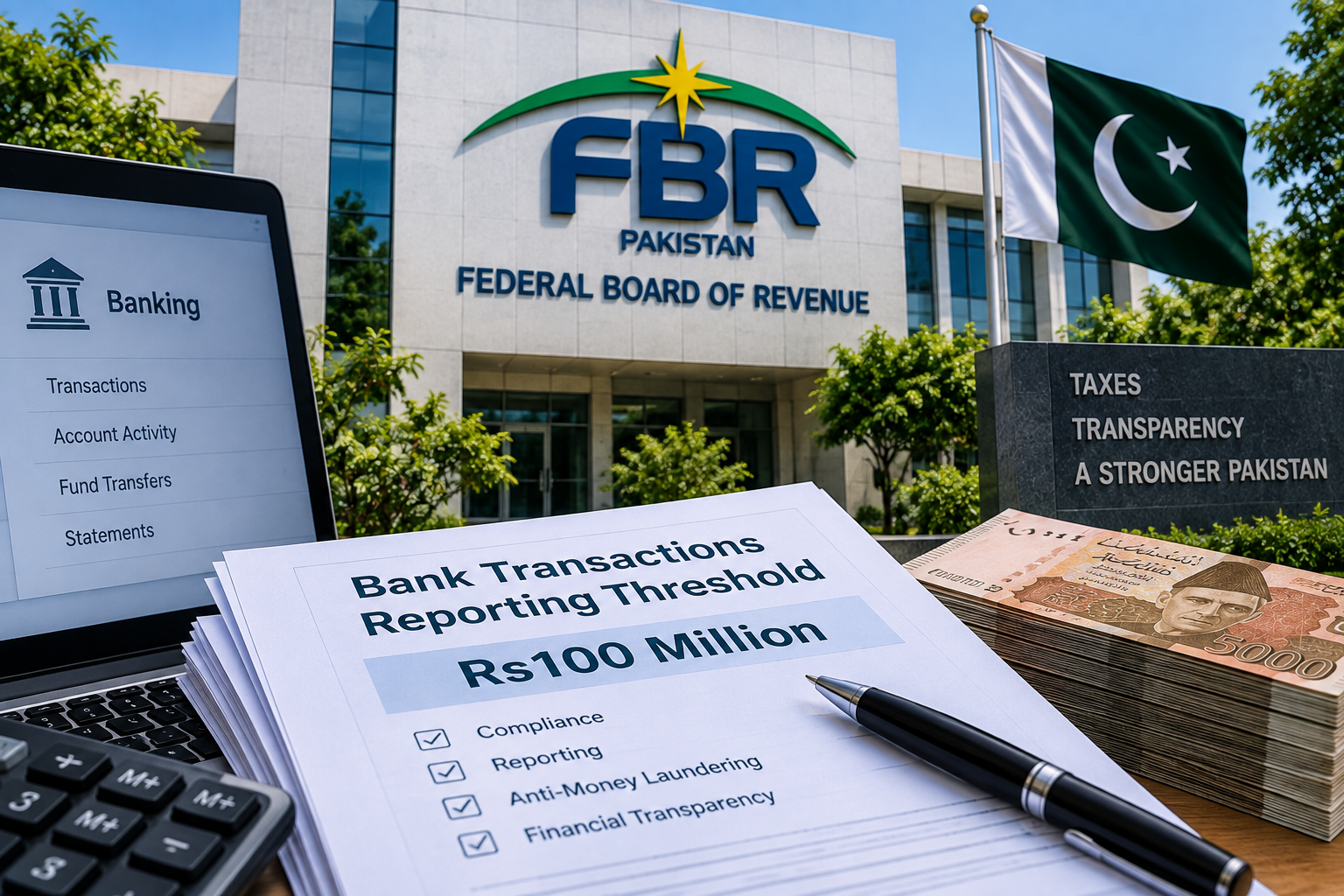 Pakistan Report illustration representing FBR banking-data reporting rules for deposits or withdrawals exceeding Rs100 million.