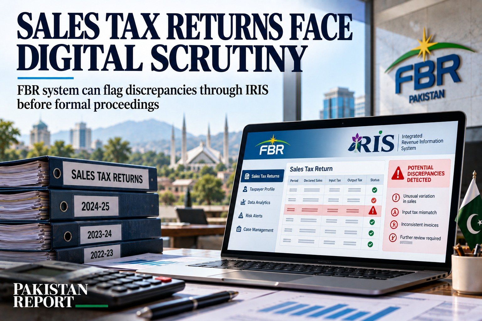 AI-generated Pakistan Report editorial illustration of FBR electronic scrutiny of sales tax returns through the IRIS system.