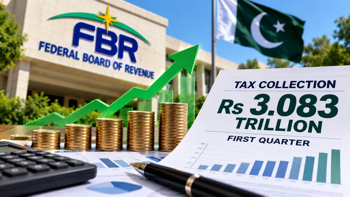 AI-generated Pakistan Report editorial illustration of tax collection figures and financial graphics representing FBR’s first-quarter revenue collection.
