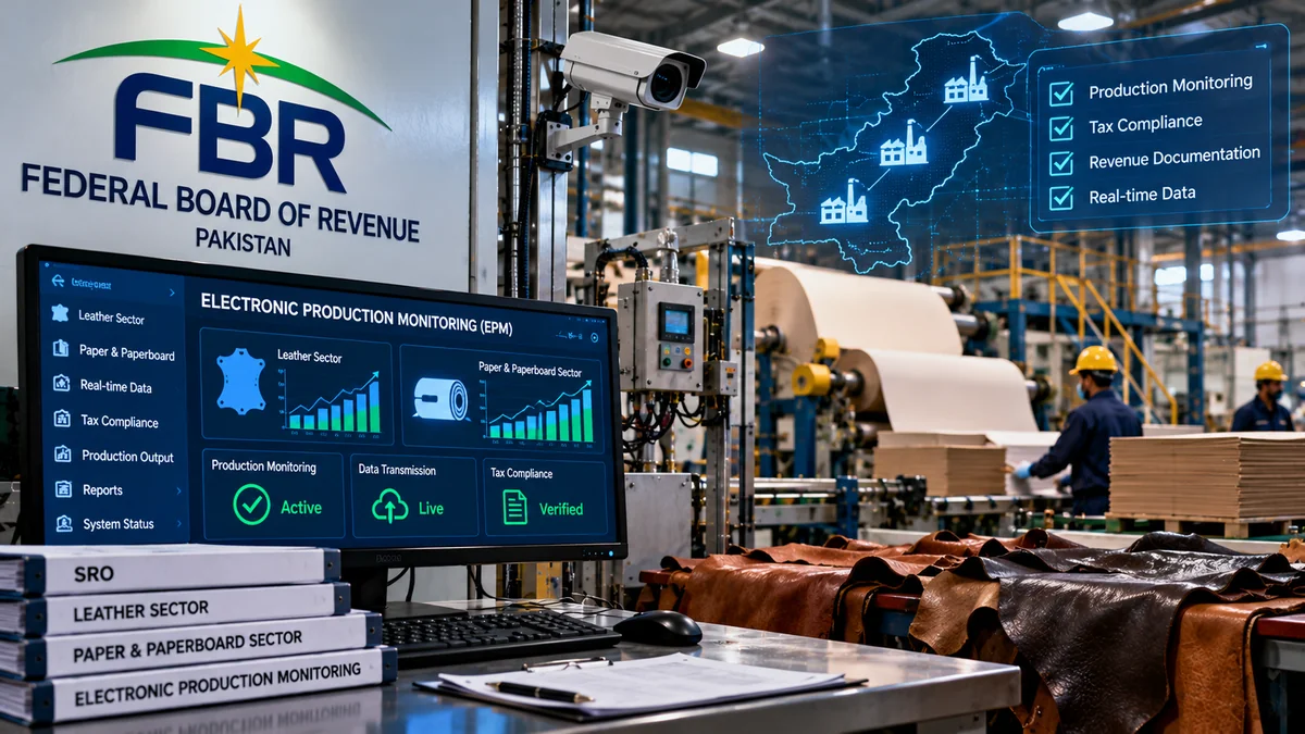 An AI-generated illustration of paper and leather manufacturing with electronic monitoring, representing FBR production oversight.