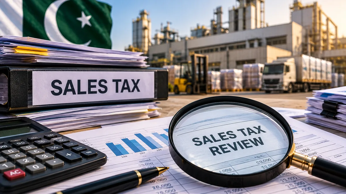 AI-generated Pakistan Report editorial illustration of sales-tax review documents and a factory representing FBR scrutiny of an industrial unit in Multan.