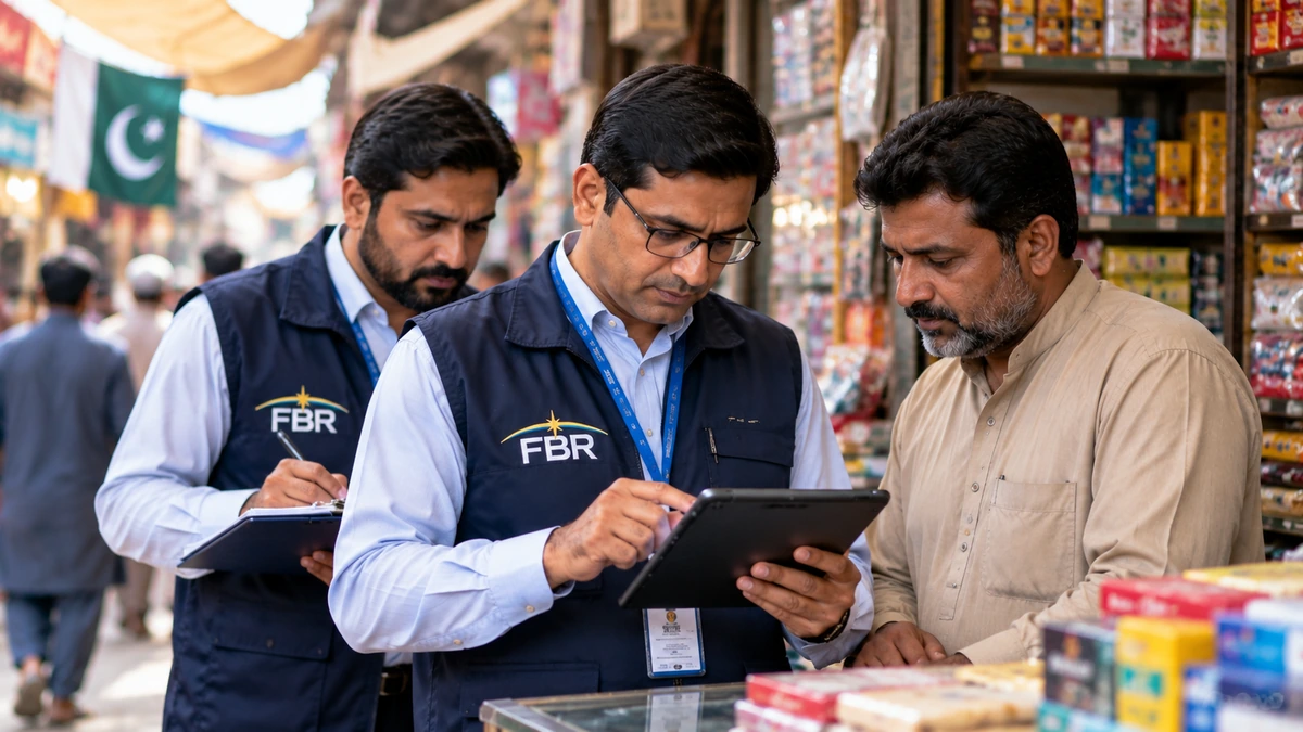 AI-generated Pakistan Report editorial illustration representing FBR officials conducting market and shop mapping with a Pakistani shopkeeper.