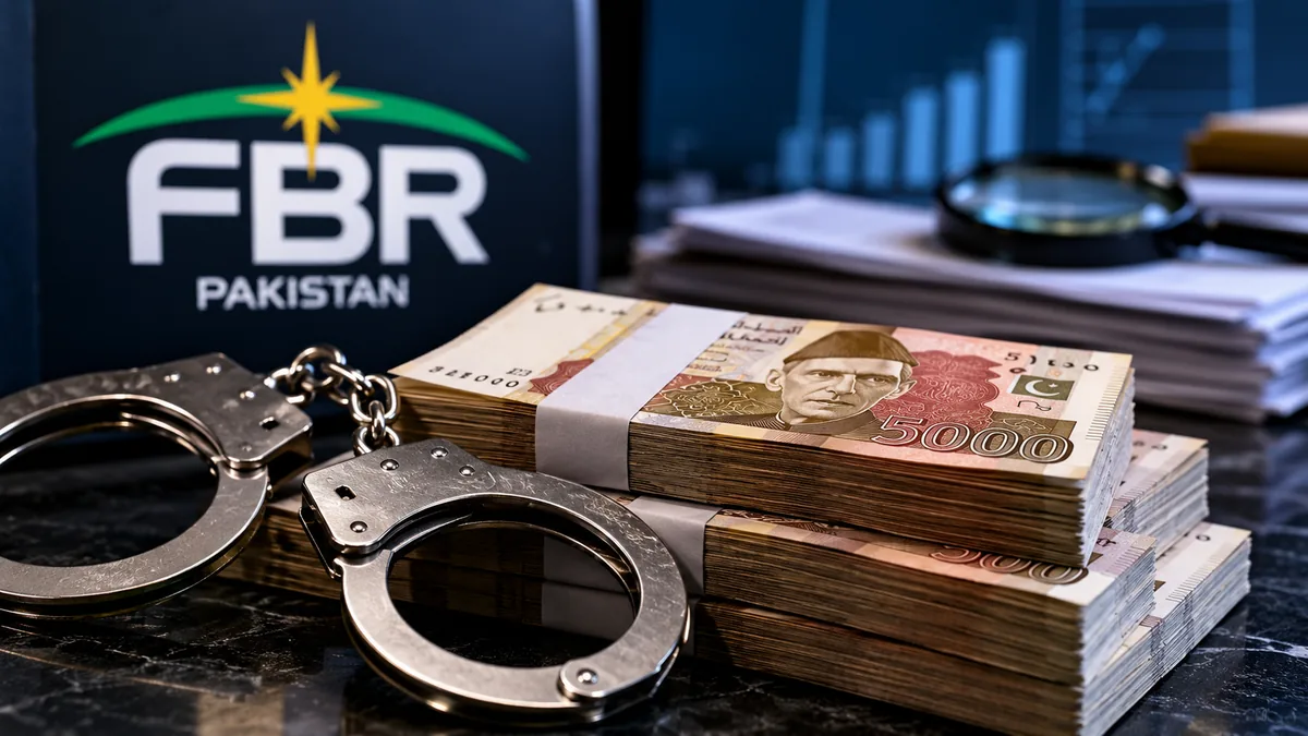 AI-generated Pakistan Report editorial illustration of Pakistani currency and handcuffs representing FBR's Rs9.41 billion wealth-statement investigation.