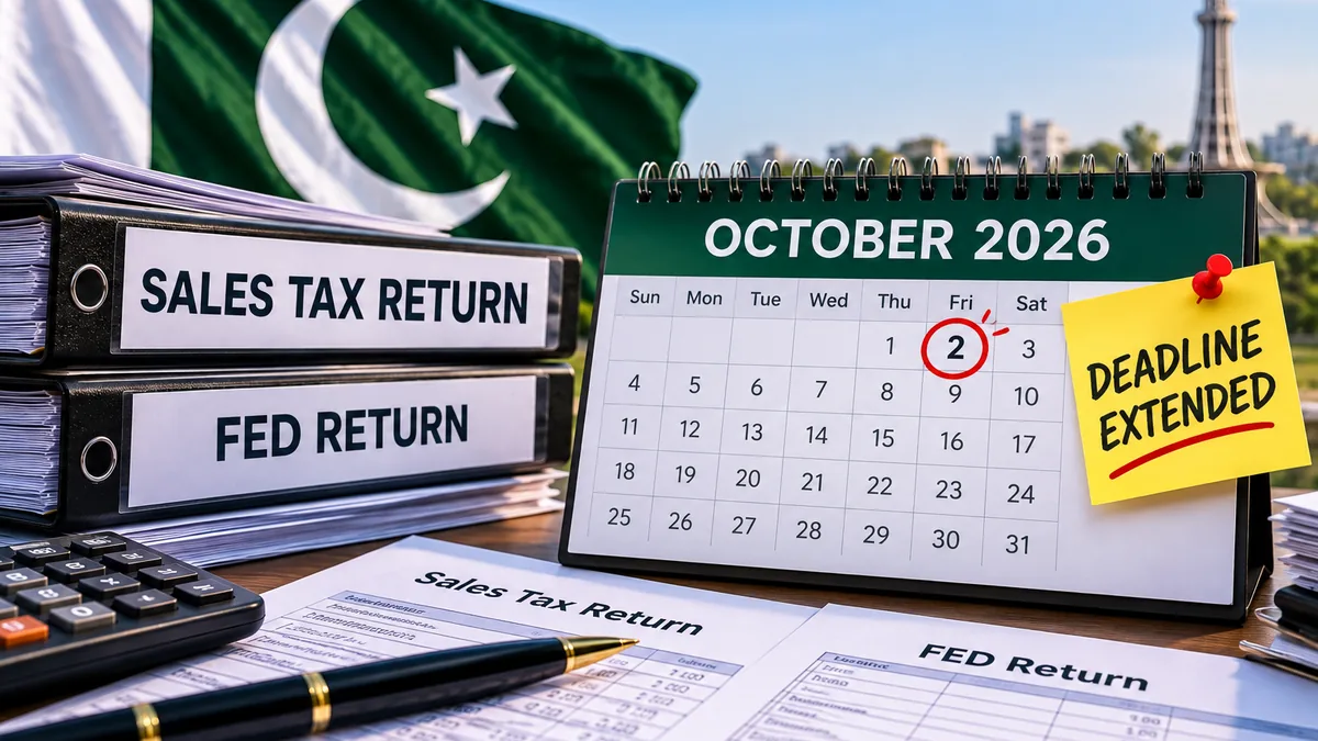 AI-generated Pakistan Report editorial illustration of Sales Tax and FED return files beside an October 2026 calendar with October 2 highlighted.
