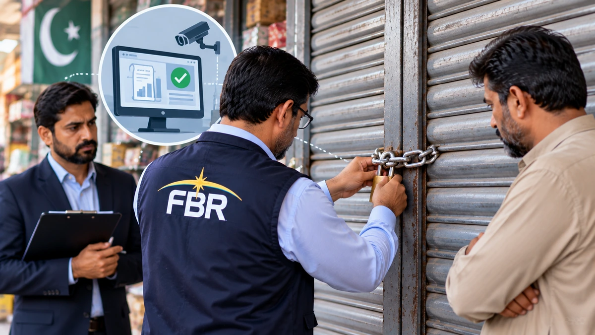 AI-generated Pakistan Report editorial illustration representing FBR enforcement procedures for businesses that fail required electronic monitoring integration.