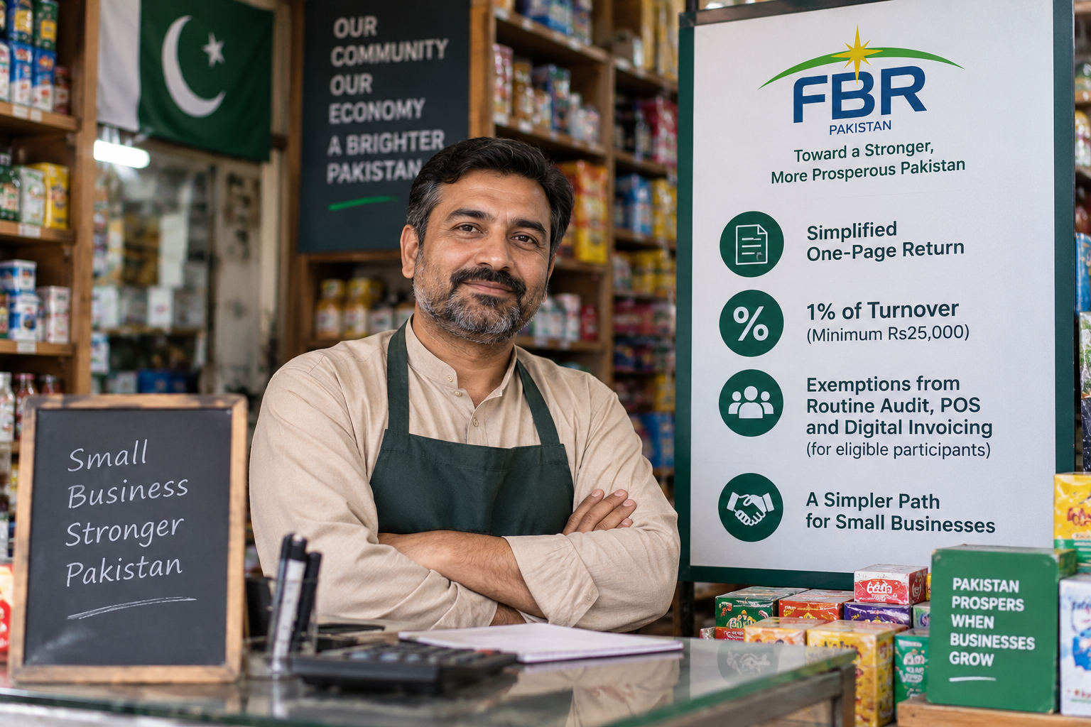 Pakistan Report illustration representing a small Pakistani retailer and simplified tax compliance.
