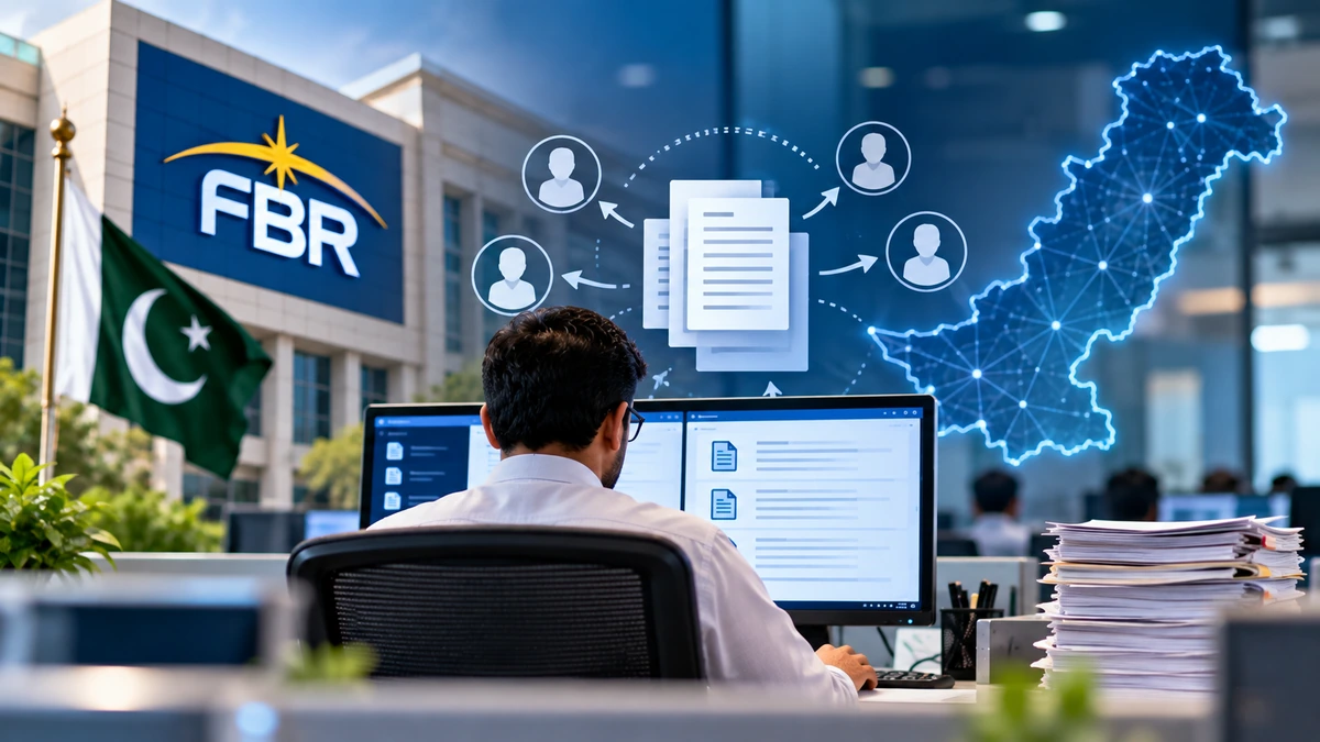 AI-generated Pakistan Report editorial illustration representing FBR's faceless digital system for tax audits and assessments.
