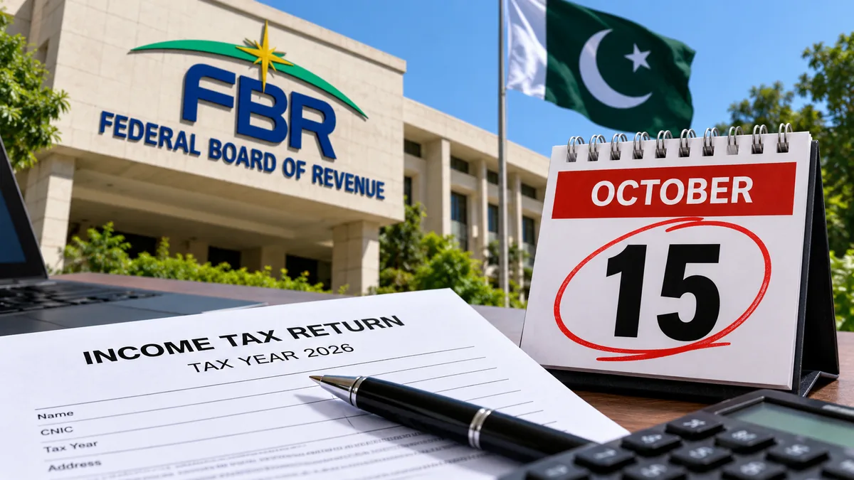 AI-generated Pakistan Report editorial illustration of an income tax return and October 15 calendar representing FBR’s Tax Year 2026 filing extension.
