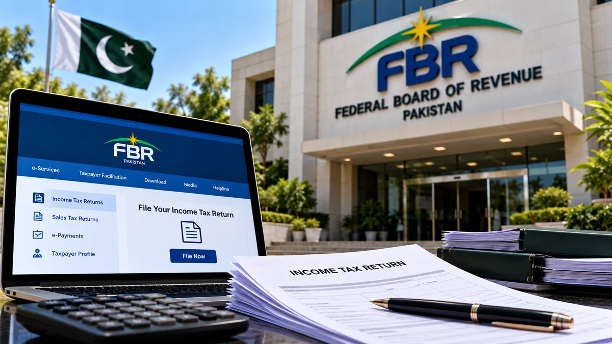 AI-generated Pakistan Report editorial illustration of FBR, an income tax return portal and filing documents representing Pakistan's tax return deadline.