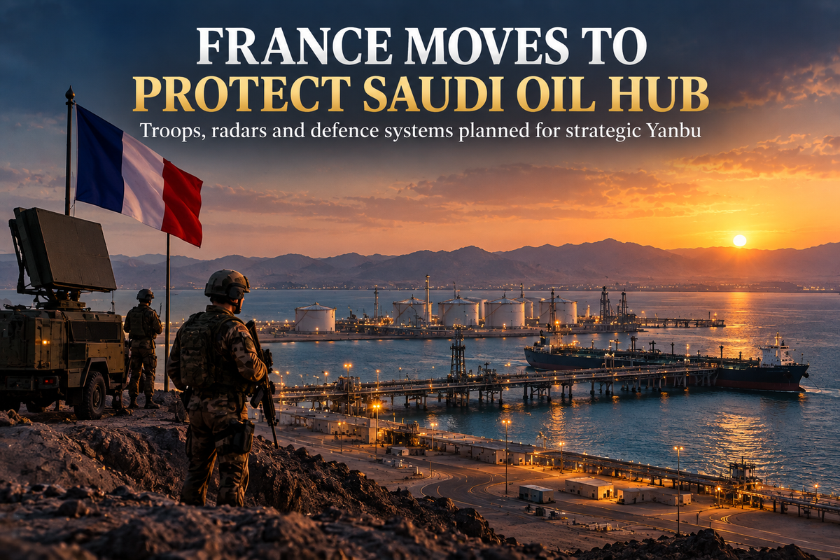 AI-generated Pakistan Report editorial illustration of French defensive forces and radar equipment near oil infrastructure at Saudi Arabia's Yanbu energy hub.