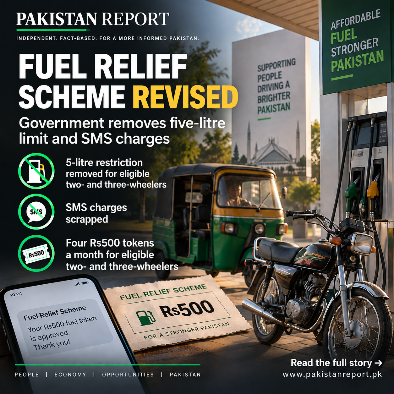 Pakistan Report graphic explaining changes to the government's fuel relief scheme for eligible two- and three-wheelers.
