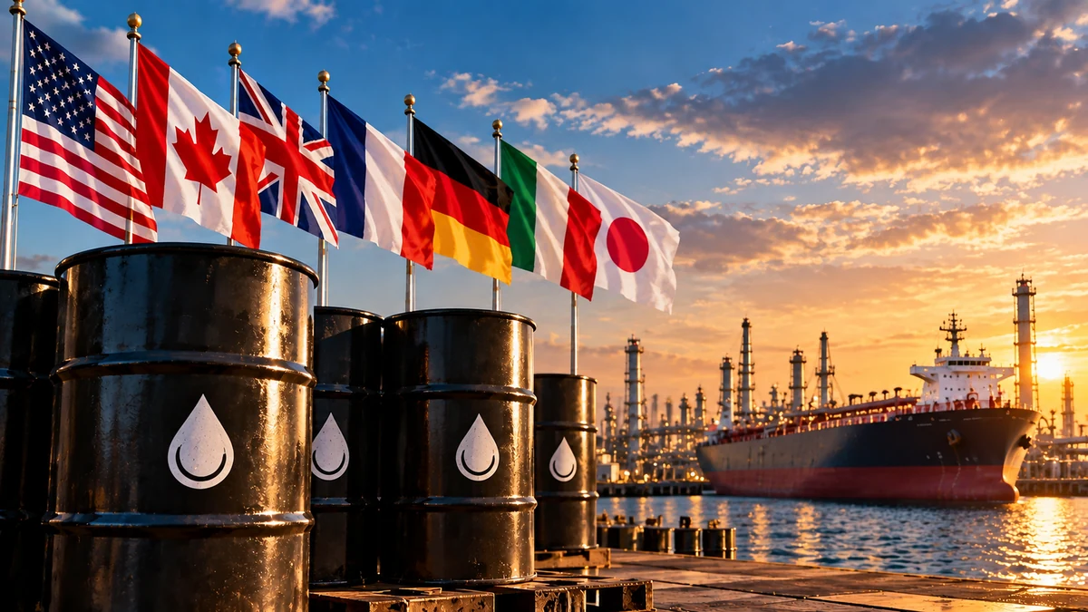 AI-generated Pakistan Report editorial illustration showing G7 flags, oil barrels and global oil supply infrastructure.