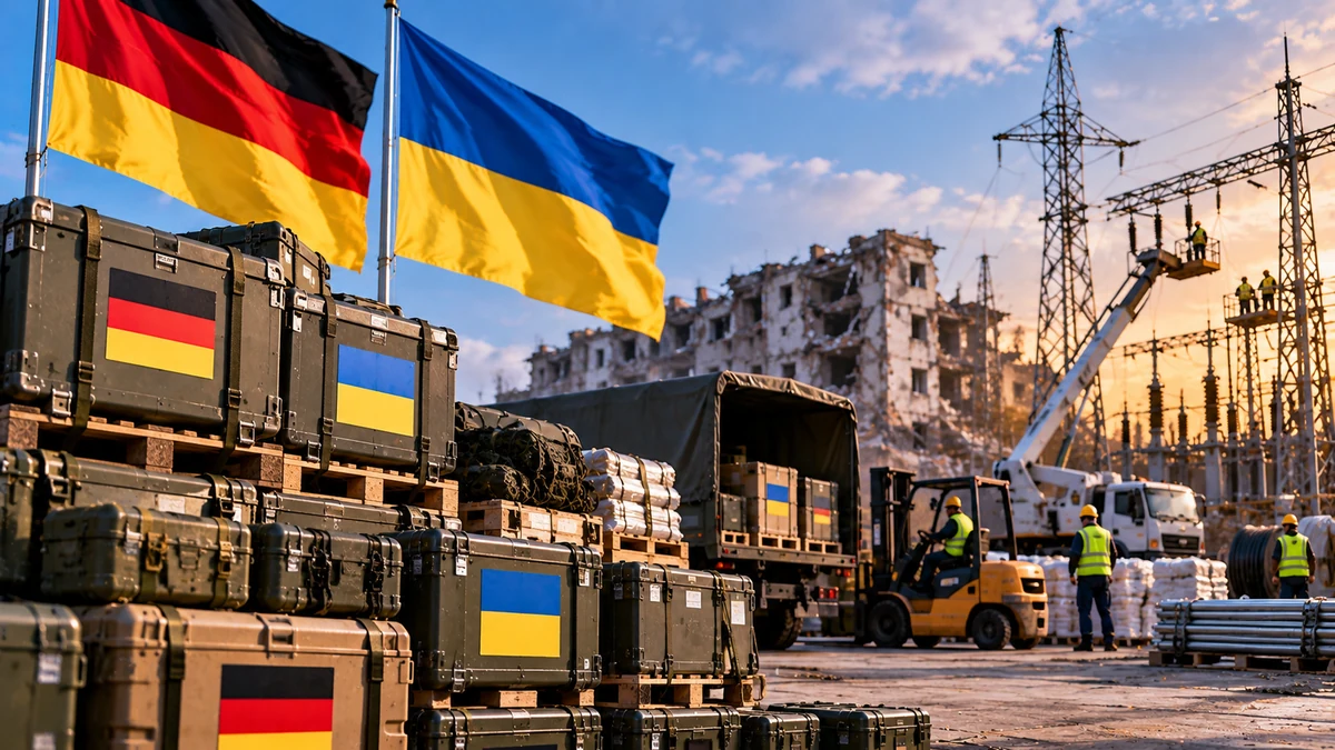 AI-generated Pakistan Report editorial illustration showing German and Ukrainian aid logistics and repairs to damaged energy infrastructure.
