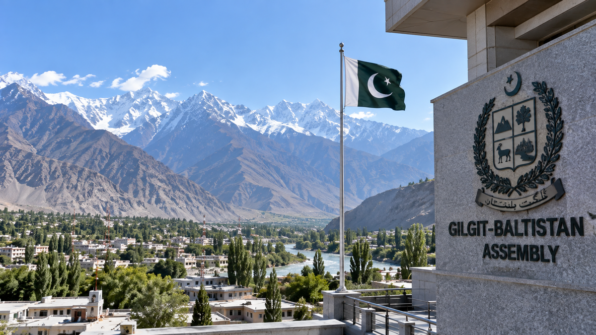 Gilgit-Baltistan mountain landscape with an assembly-themed government building