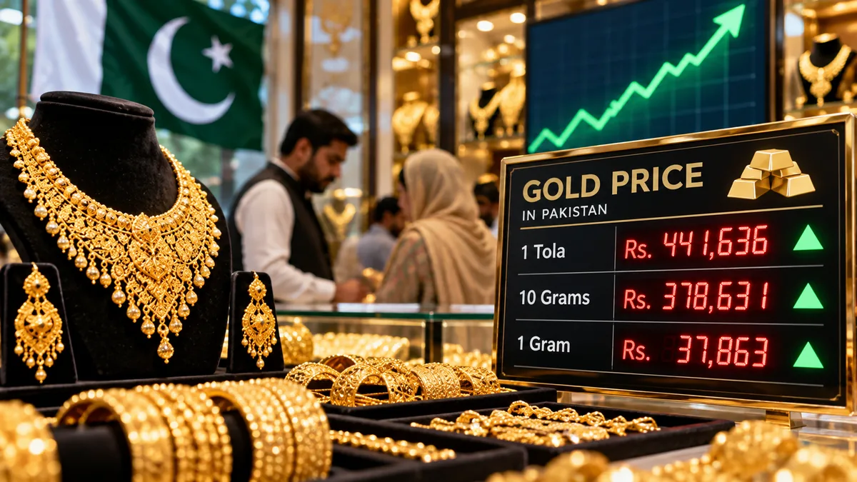 AI-generated Pakistan Report editorial illustration of gold jewellery and a price board representing the September 30 rise in gold prices in Pakistan.