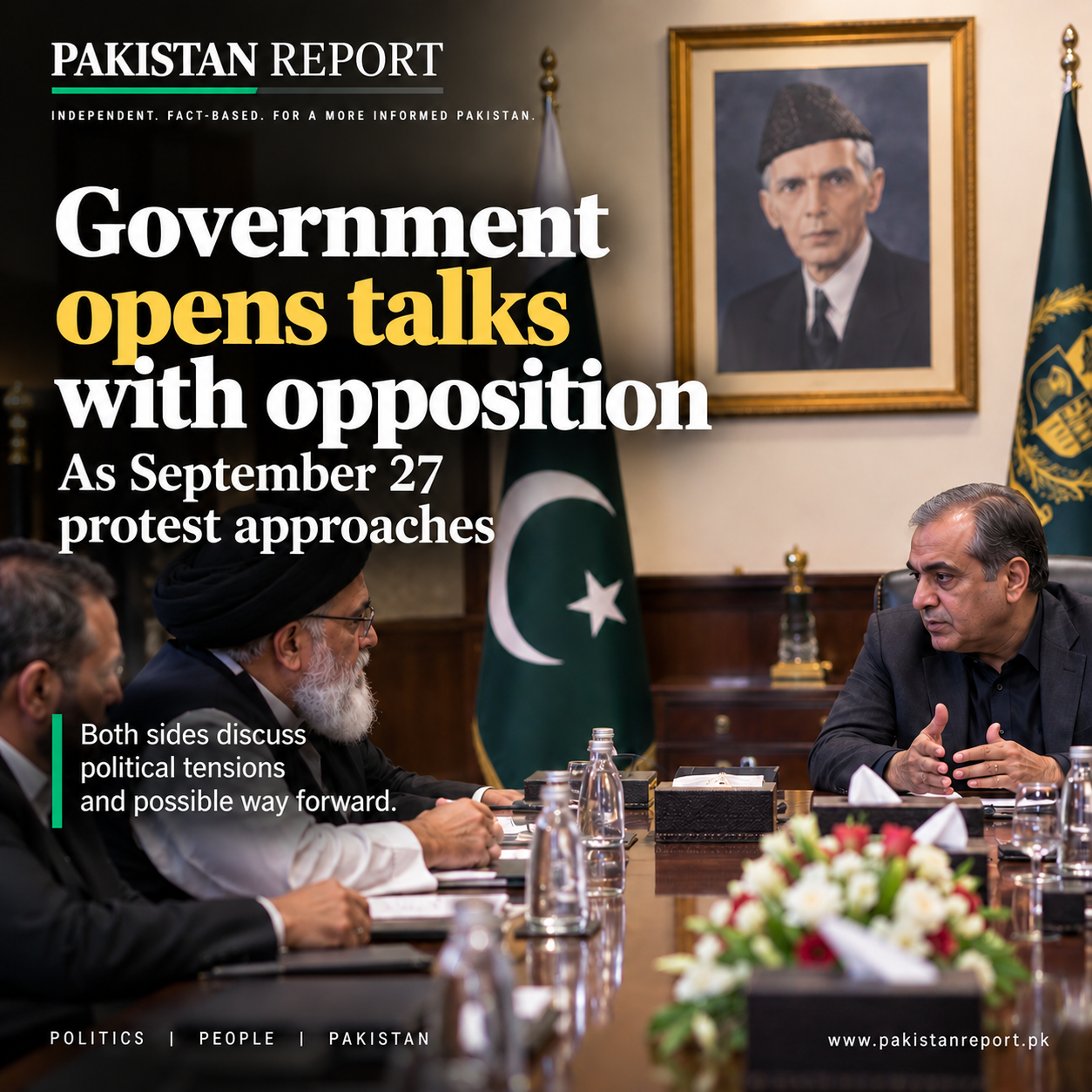 Pakistan Report editorial illustration representing government-opposition negotiations ahead of a planned Islamabad protest.