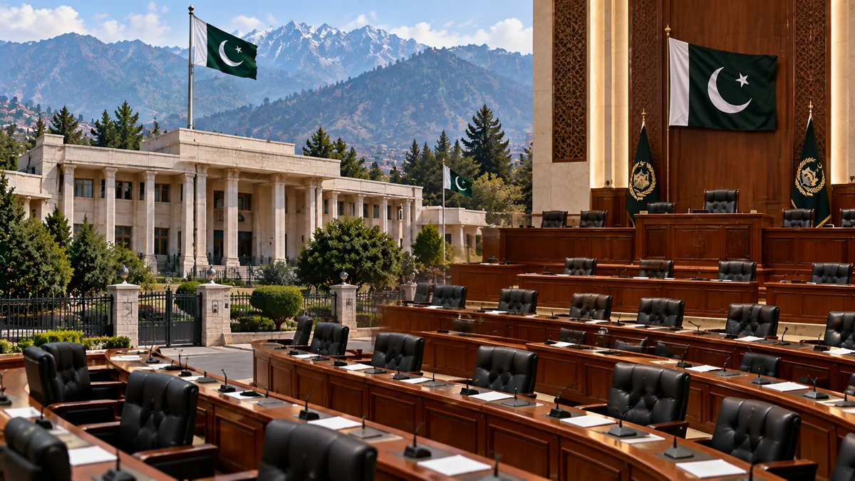 An AI-generated illustration of Pakistan’s parliament and an empty meeting room, representing government–PTI dialogue.