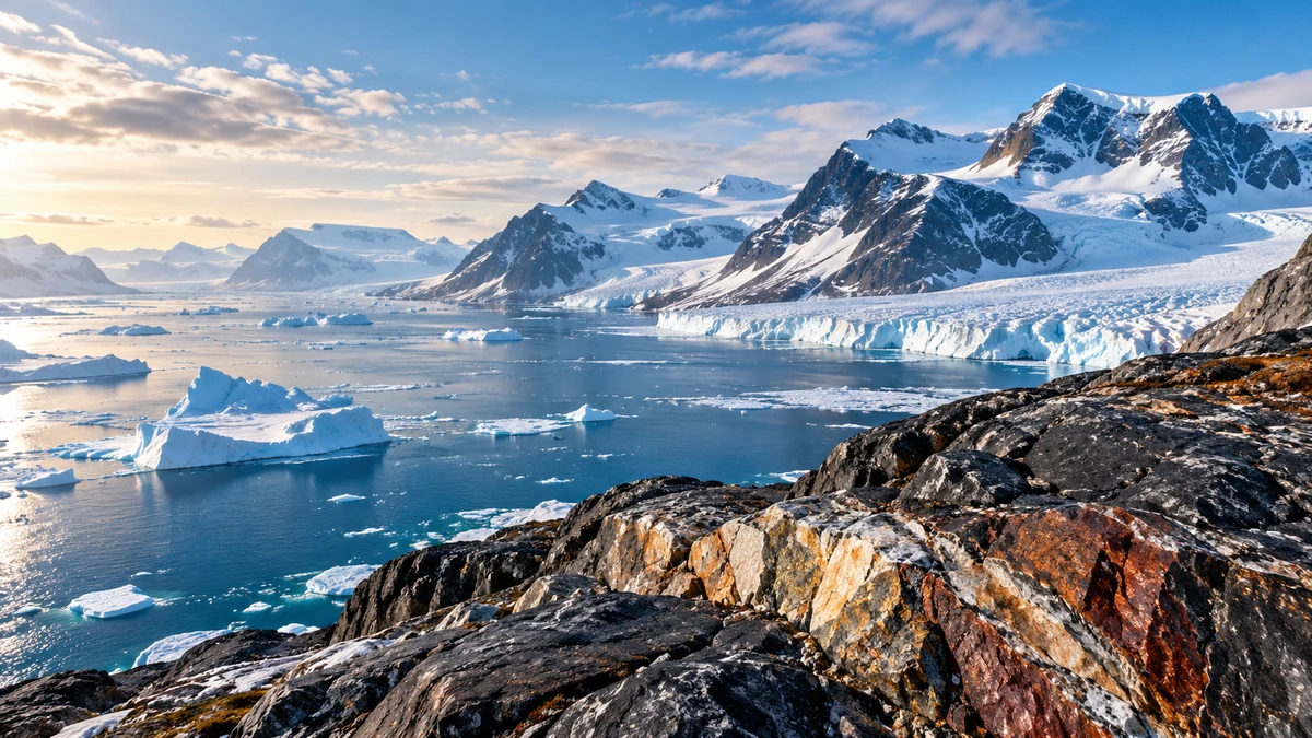 AI-generated Pakistan Report editorial illustration of Greenland's Arctic coastline and mineral-rich terrain, symbolising proposed resource exploration.