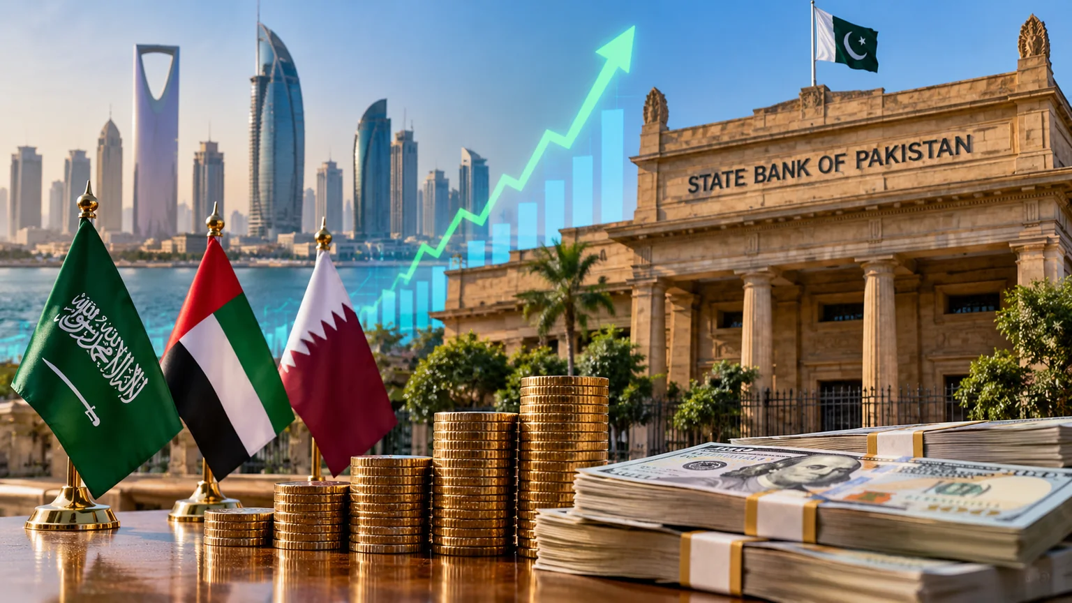 Editorial illustration accompanying Pakistan Report coverage of gulf investors lead $188 million in pakistan bond inflows in early october.