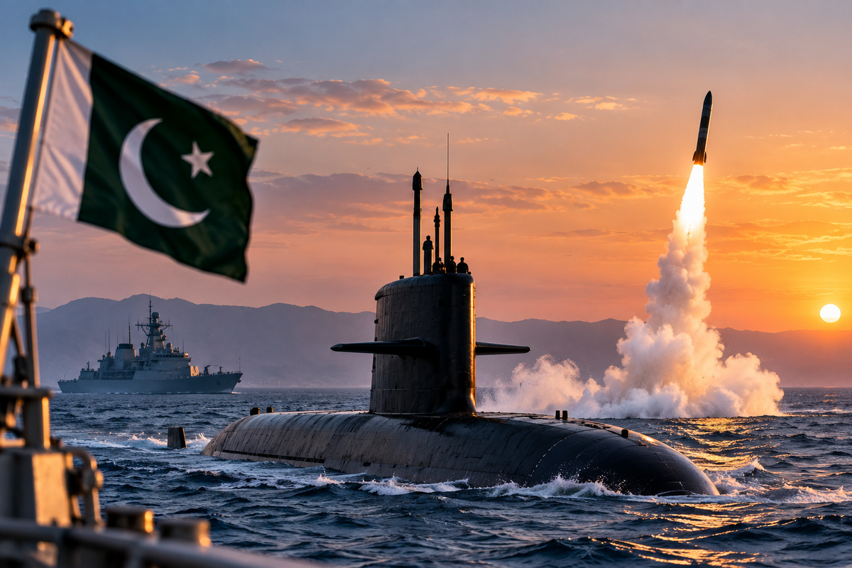 AI-generated Pakistan Report editorial illustration representing a Hangor-class submarine during a live-weapon firing exercise at sea.