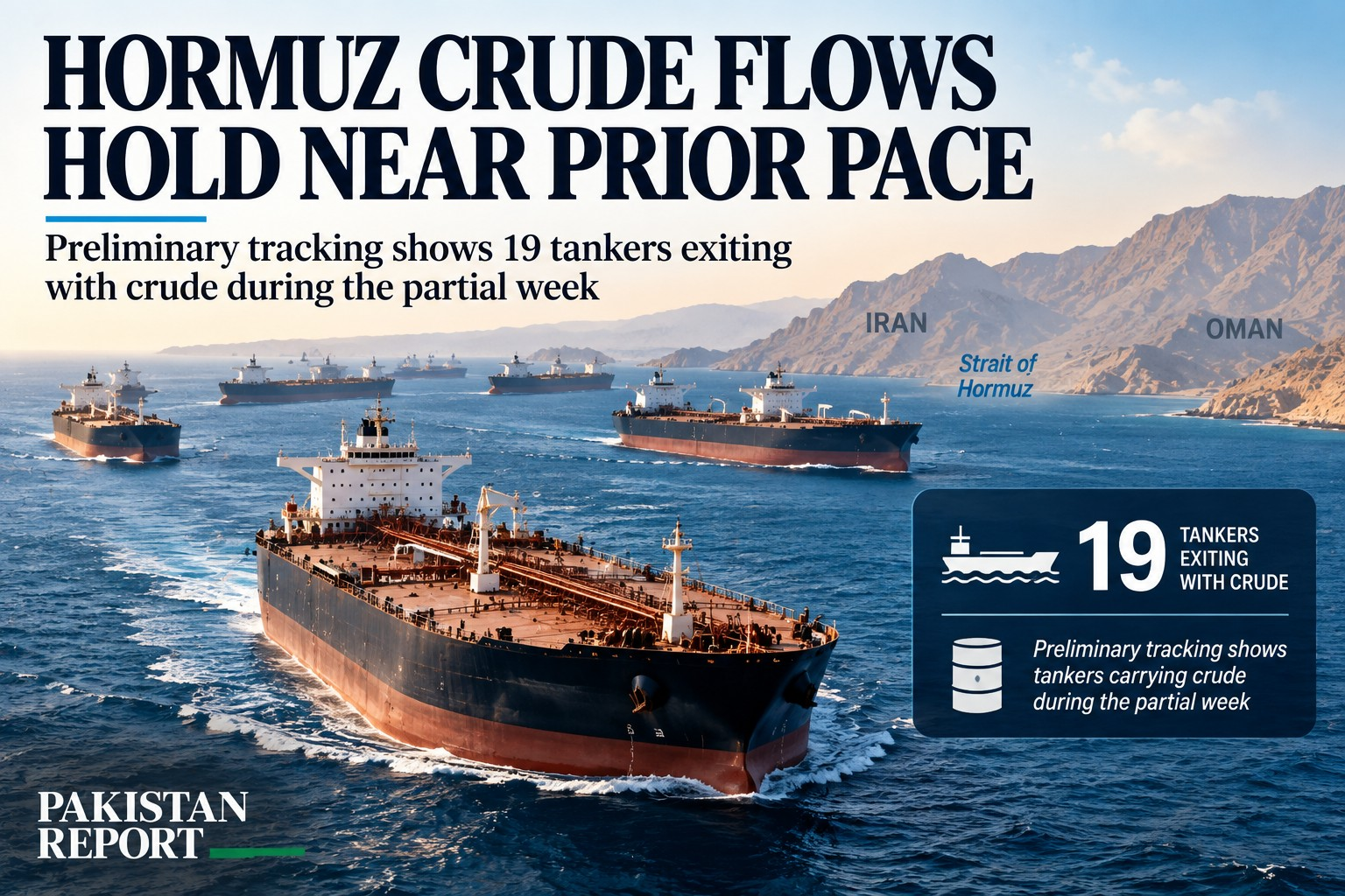 AI-generated Pakistan Report editorial illustration of crude oil tankers transiting the Strait of Hormuz.