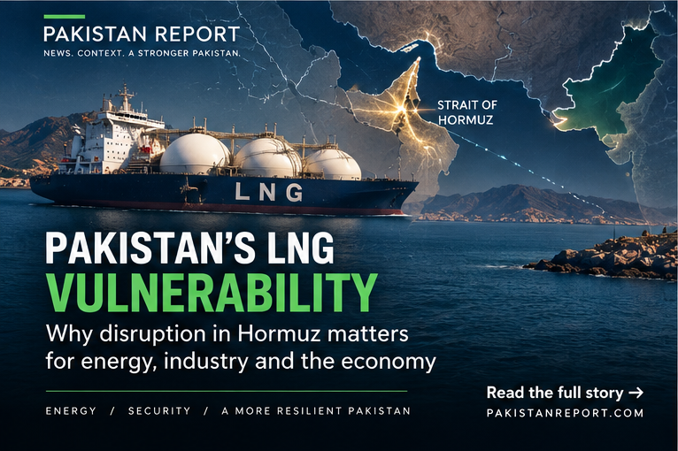 Pakistan Report illustration showing an LNG carrier and energy infrastructure, representing Pakistan’s dependence on Gulf gas supplies.