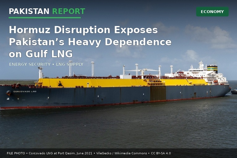 The LNG carrier Corcovado at Port Qasim, Pakistan, in June 2021, with Pakistan Report headline graphics.