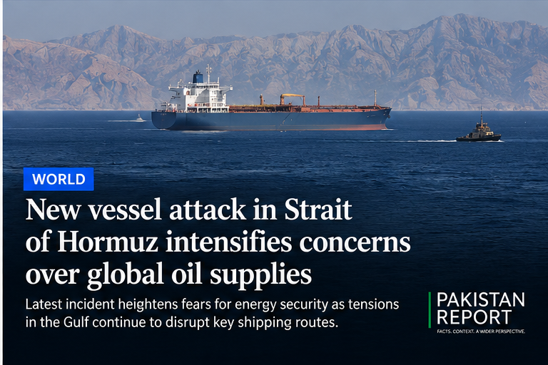 Editorial illustration of a commercial vessel in the Strait of Hormuz amid heightened regional security risks