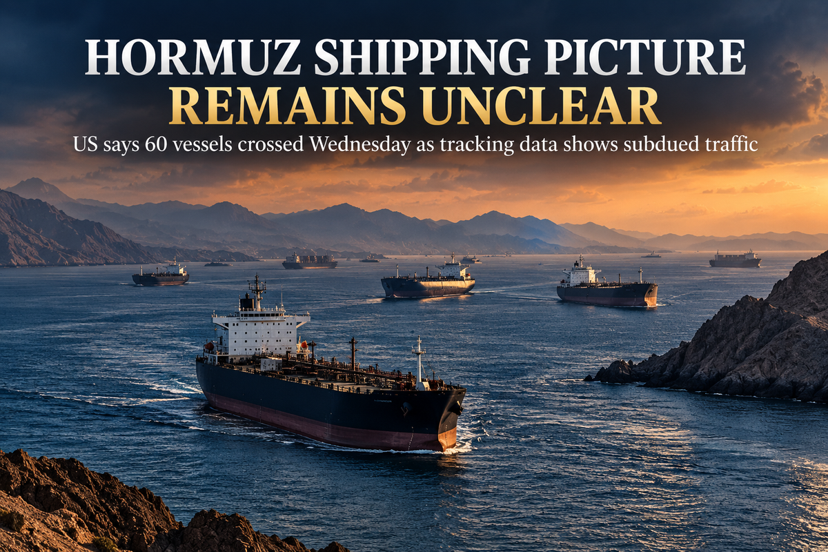 AI-generated Pakistan Report editorial illustration of tankers and cargo vessels moving through the Strait of Hormuz.