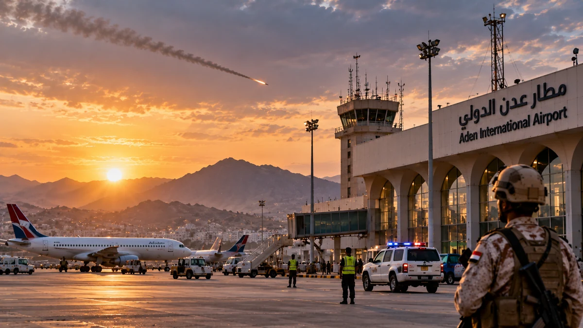 AI-generated Pakistan Report editorial illustration showing Aden International Airport, an incoming projectile, aircraft and security personnel.