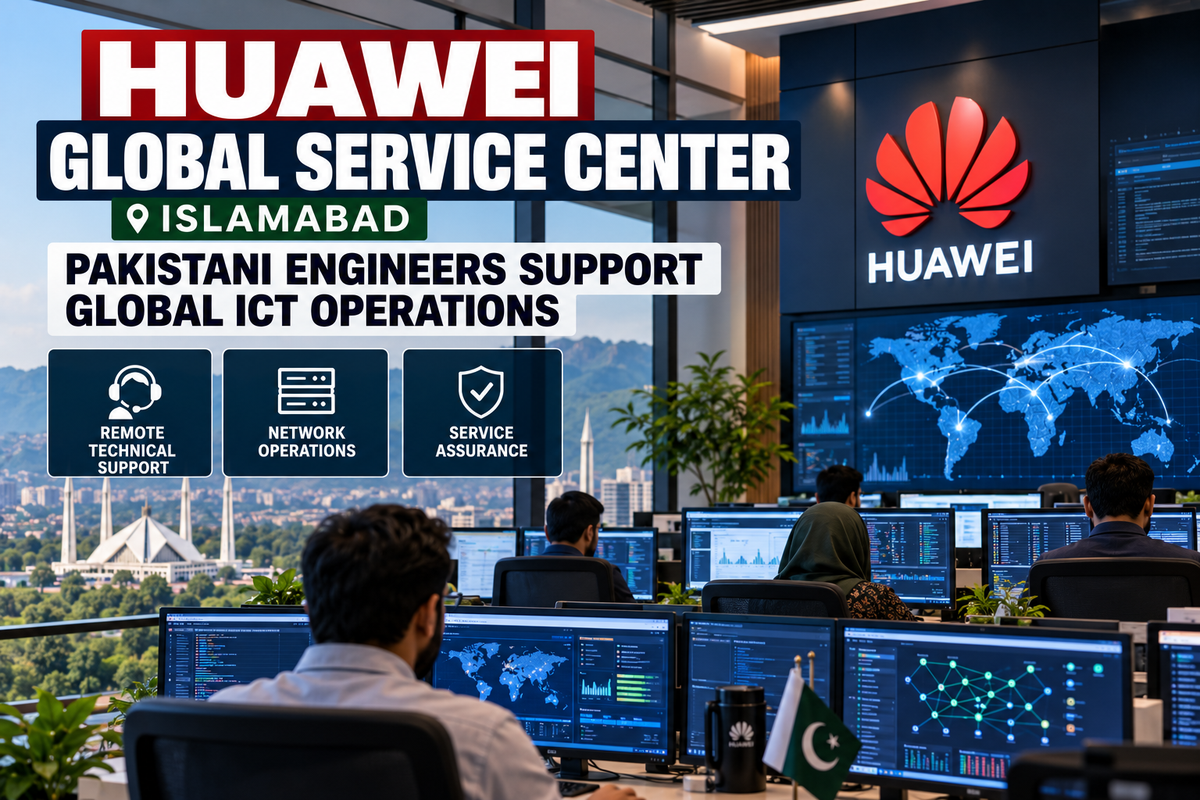 AI-generated Pakistan Report editorial illustration representing Huawei’s Global Service Center and Pakistani engineers supporting international ICT operations from Islamabad.