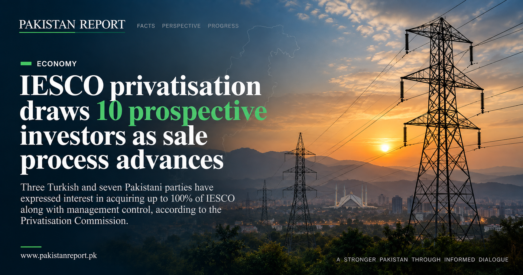 Pakistan Report editorial illustration of electricity transmission infrastructure for the IESCO privatisation process