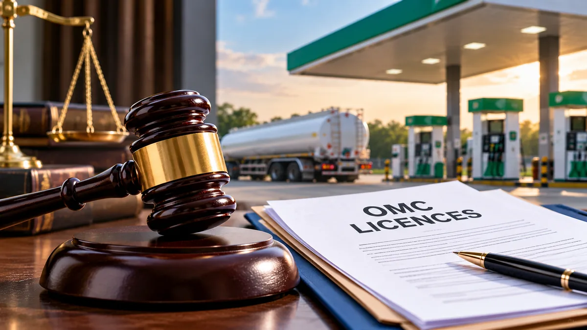 AI-generated Pakistan Report editorial illustration of a gavel, OMC licensing papers, a fuel station and tanker representing court scrutiny of oil marketing company licensing.
