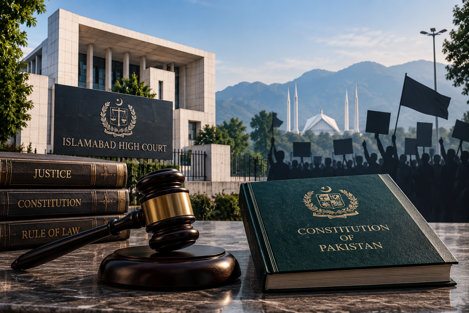 Pakistan Report illustration representing court proceedings and political protest in Islamabad.