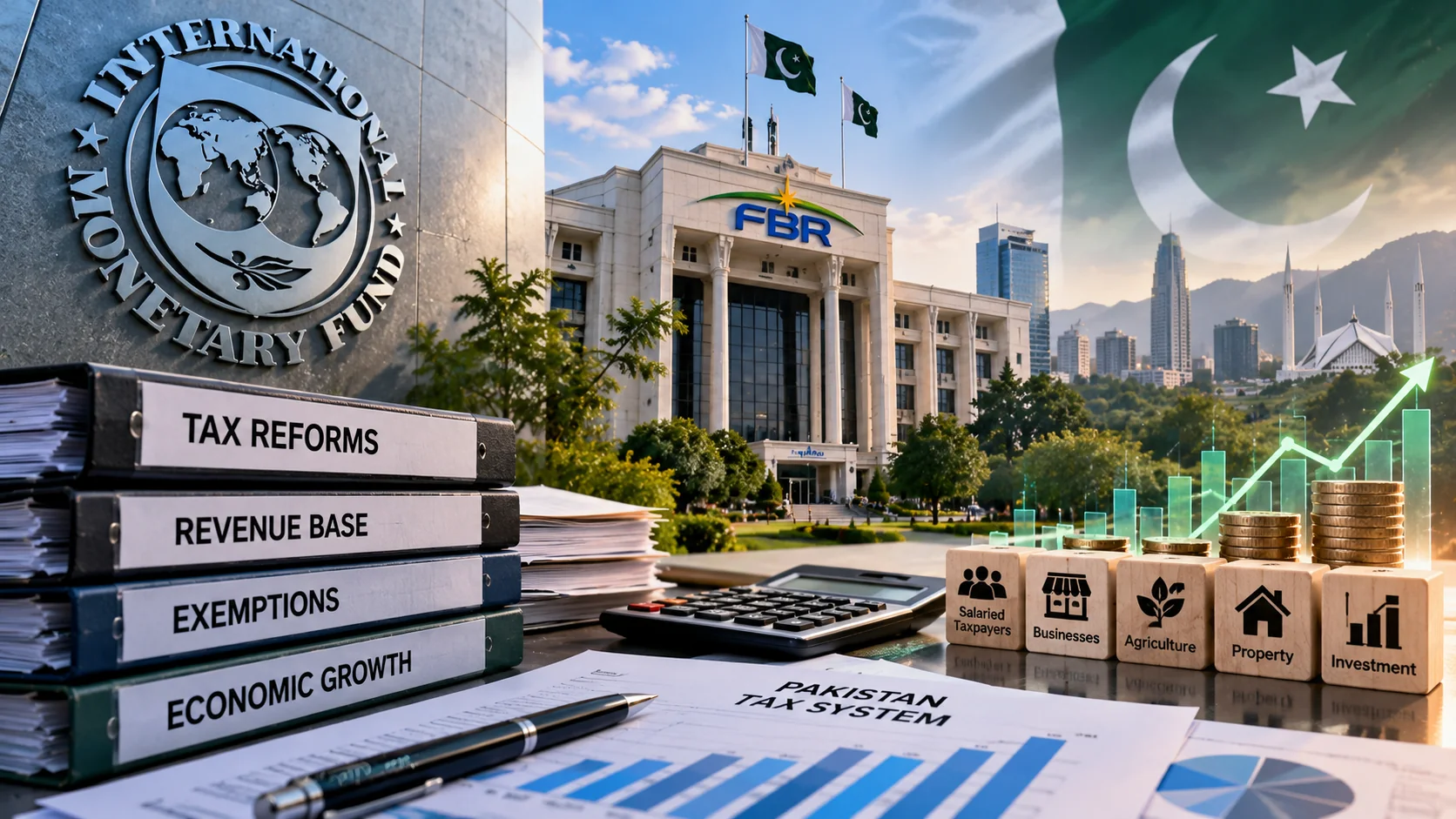 Editorial illustration of tax reforms in Pakistan, the IMF and the Federal Board of Revenue.