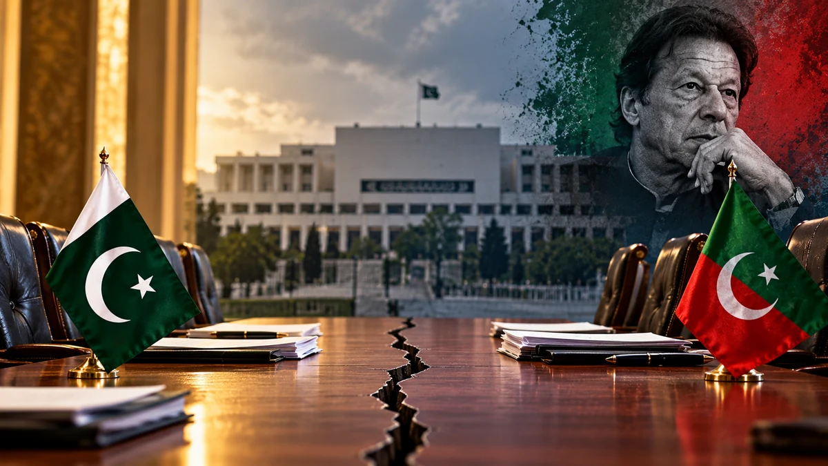 AI-generated Pakistan Report editorial illustration depicting a split government-PTI negotiating table and political deadlock in Islamabad.