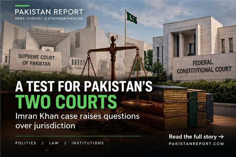 Pakistan Report illustration representing the Supreme Court and Federal Constitutional Court in a constitutional jurisdiction dispute.