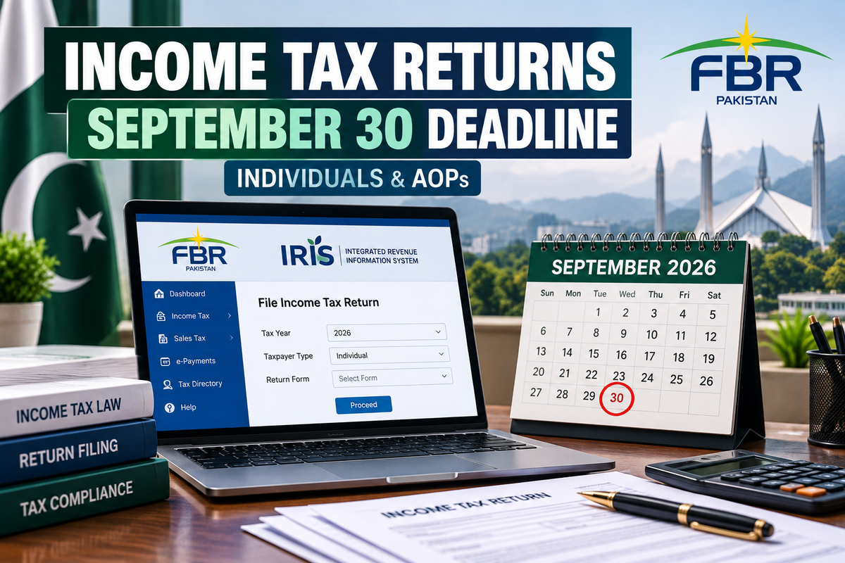 AI-generated Pakistan Report editorial illustration representing Pakistan’s September 30 income-tax return filing deadline.