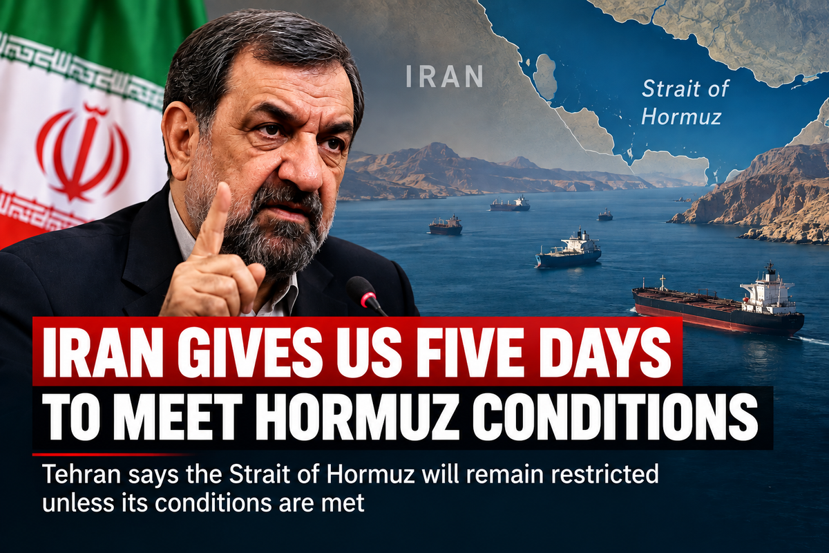 Editorial illustration of the Strait of Hormuz and Iran-US tensions over conditions for reopening the waterway.