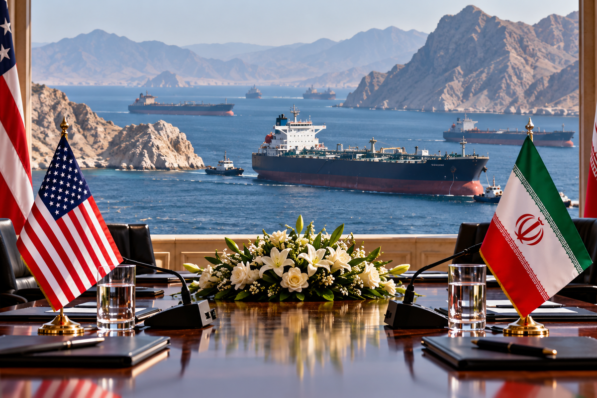 AI-generated Pakistan Report editorial illustration representing Strait of Hormuz shipping and US-Iran diplomacy.