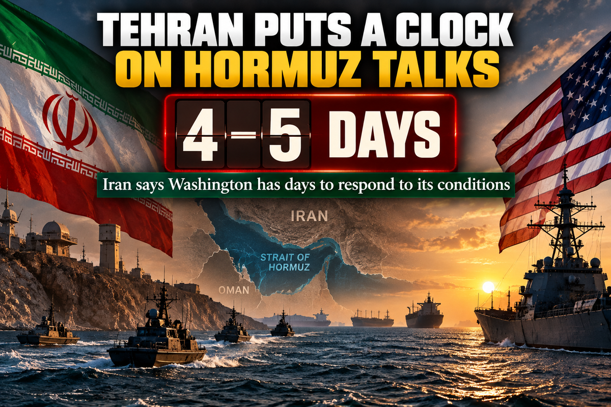 AI-generated Pakistan Report editorial illustration of Iran-US tensions around the Strait of Hormuz with a four-to-five-day countdown.