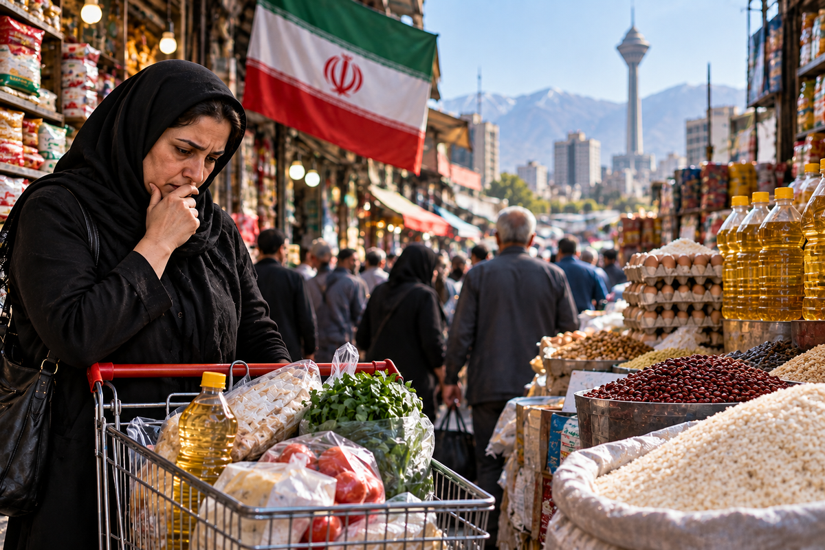 AI-generated Pakistan Report editorial illustration of an Iranian market representing household cost pressures.