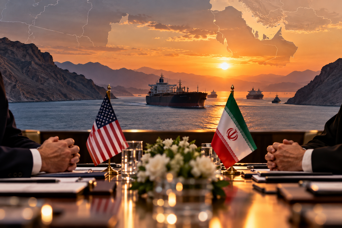 AI-generated Pakistan Report editorial illustration representing indirect Iran-US negotiations over the Strait of Hormuz.
