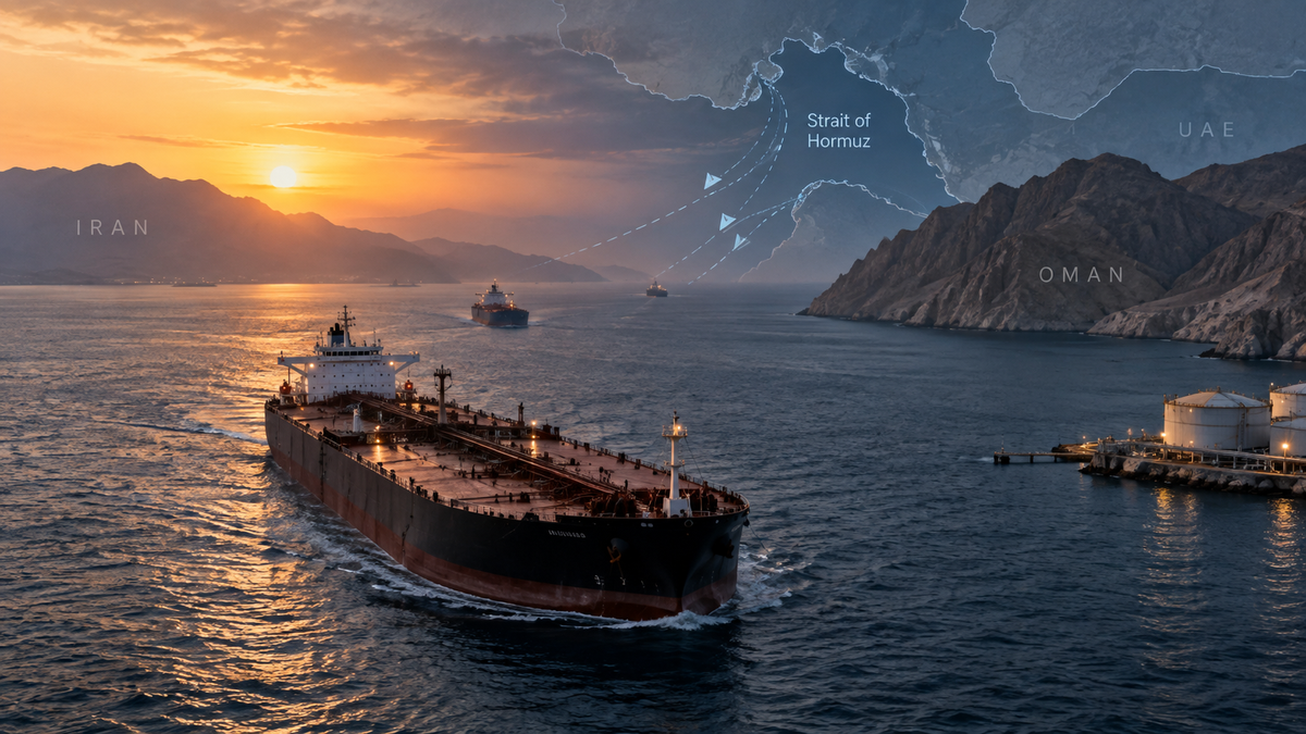 Oil tankers moving through a conceptual map of the Strait of Hormuz between Iran and Oman