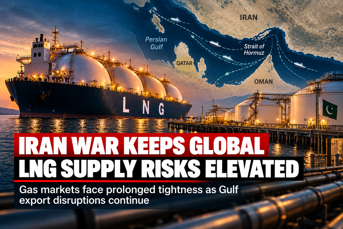 Editorial LNG illustration showing a gas carrier, terminal infrastructure and the Strait of Hormuz amid elevated global supply risks.