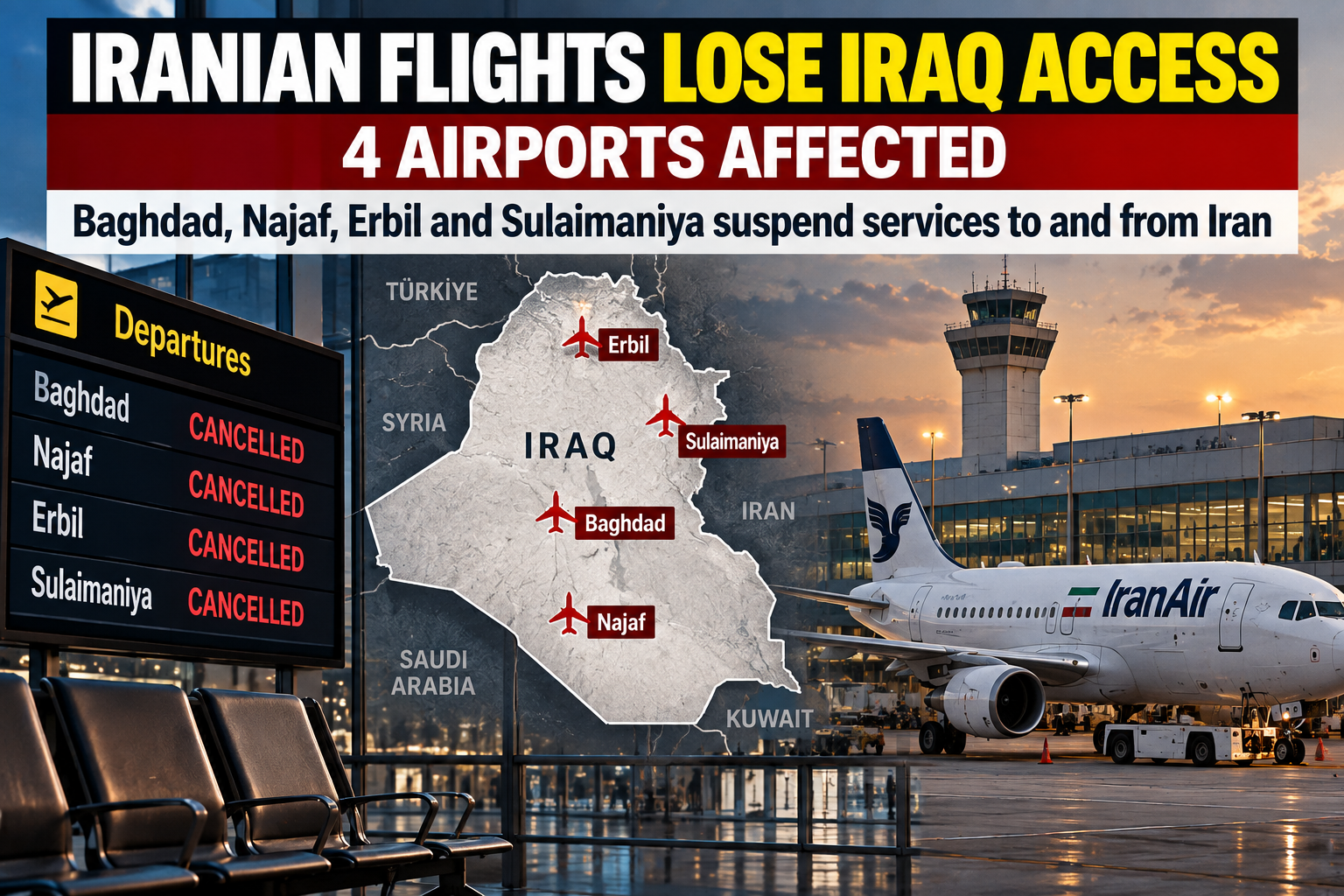Pakistan Report editorial illustration showing Iraqi airports affected by the suspension of flights to and from Iran.