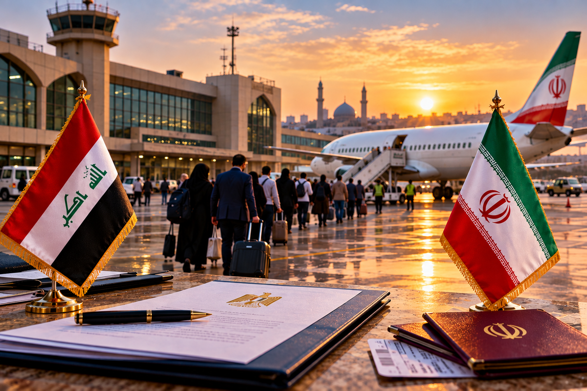 AI-generated Pakistan Report editorial illustration representing Iraq-Iran air travel and diplomatic efforts over aviation exemptions.